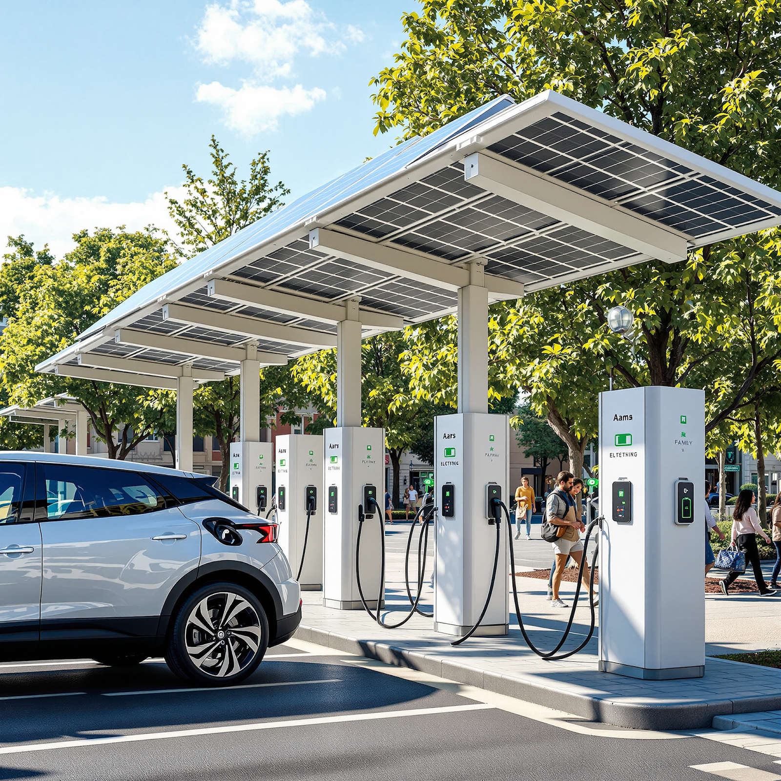 Solar-powered electric vehicle charging station with photovoltaic panels and energy storage system