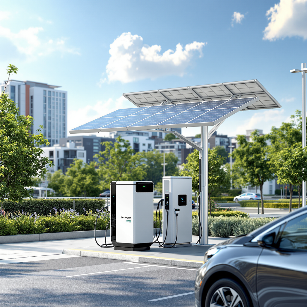 Pannelli solari e accumulo energia in stazione di ricarica per veicoli elettrici sostenibile